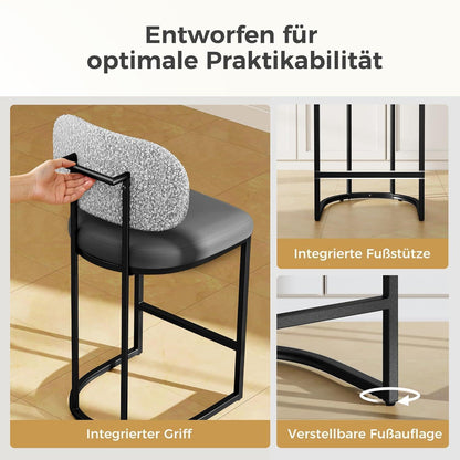 Barhocker Set 2er mit Lehne & Fußstütze – Grau