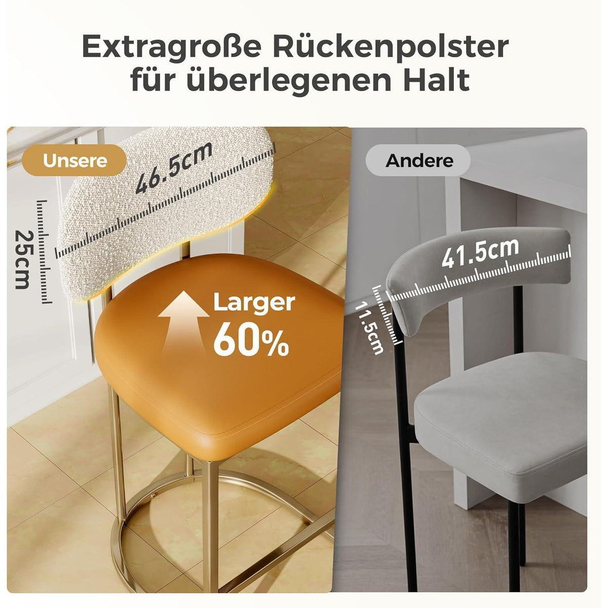 Barhocker mit Lehne & Fußstütze – Metallgestell, Kurkuma