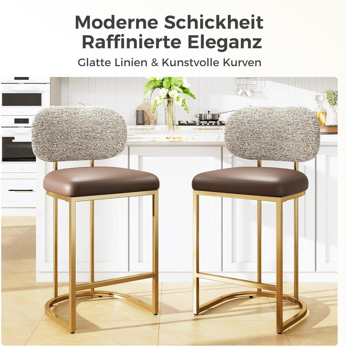 Barhocker Set 2er mit Lehne & Fußstütze – Kaffeefarbe