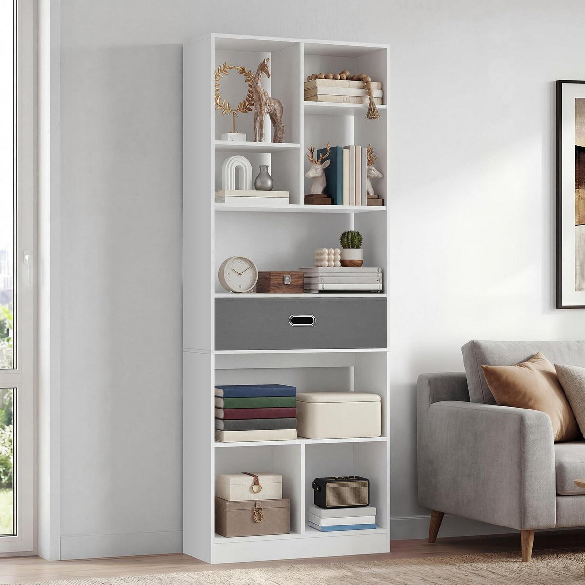 Hohes Bücherregal mit Schublade – Weiß, 60x24x170 cm