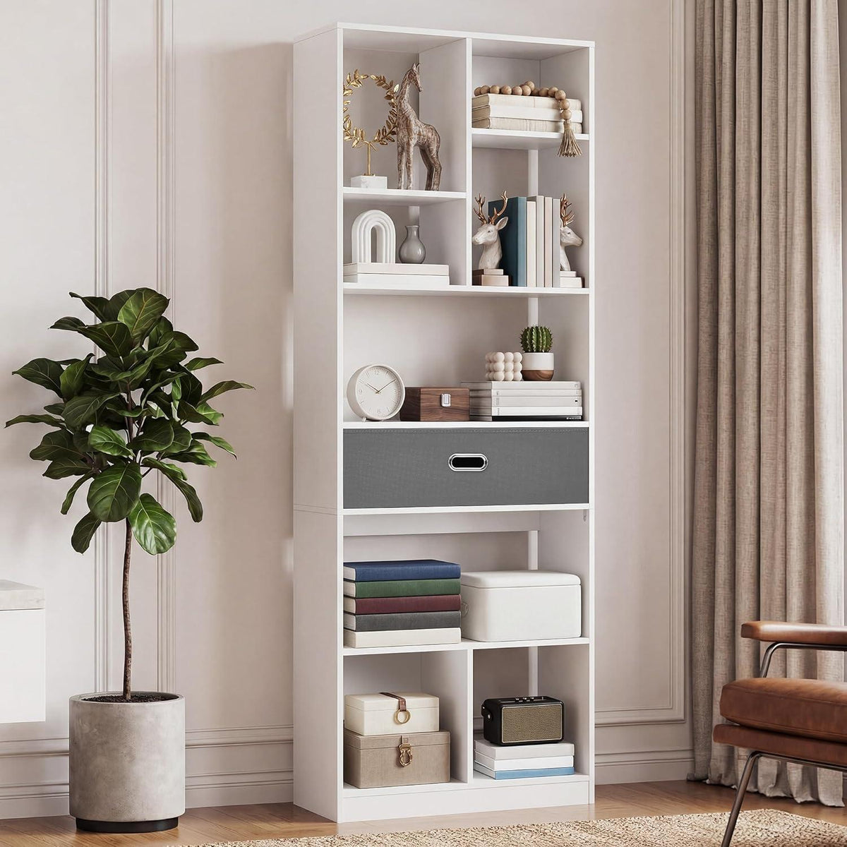 Hohes Bücherregal mit Schublade – Weiß, 60x24x170 cm