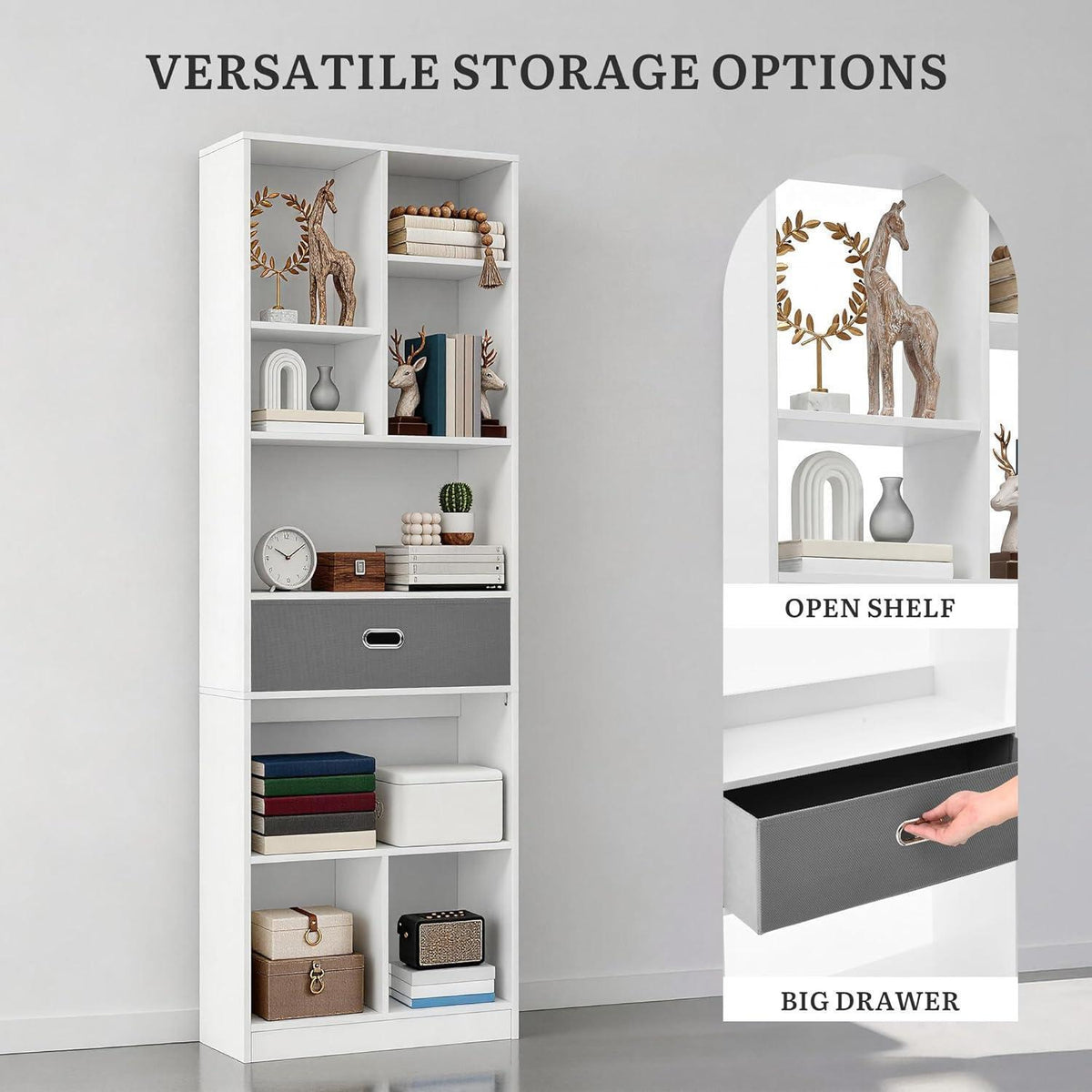 Hohes Bücherregal mit Schublade – Weiß, 60x24x170 cm