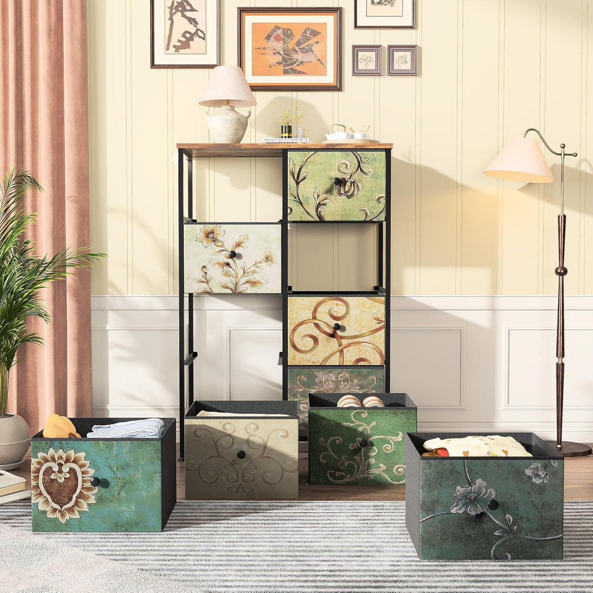 Boho Kommode mit 8 Stoffschubladen & Stahlrahmen