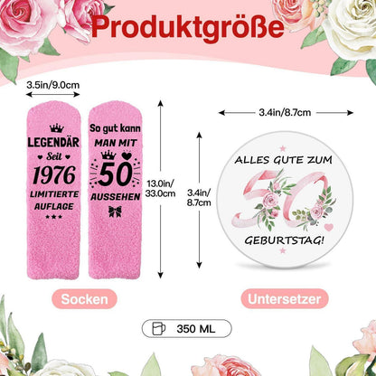 50. Geburtstag Geschenkset für Frauen: Tasse, Socken & Untersetzer 1976
