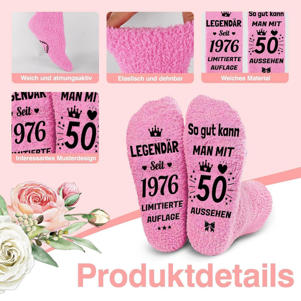 50. Geburtstag Geschenkset für Frauen: Tasse, Socken & Untersetzer 1976