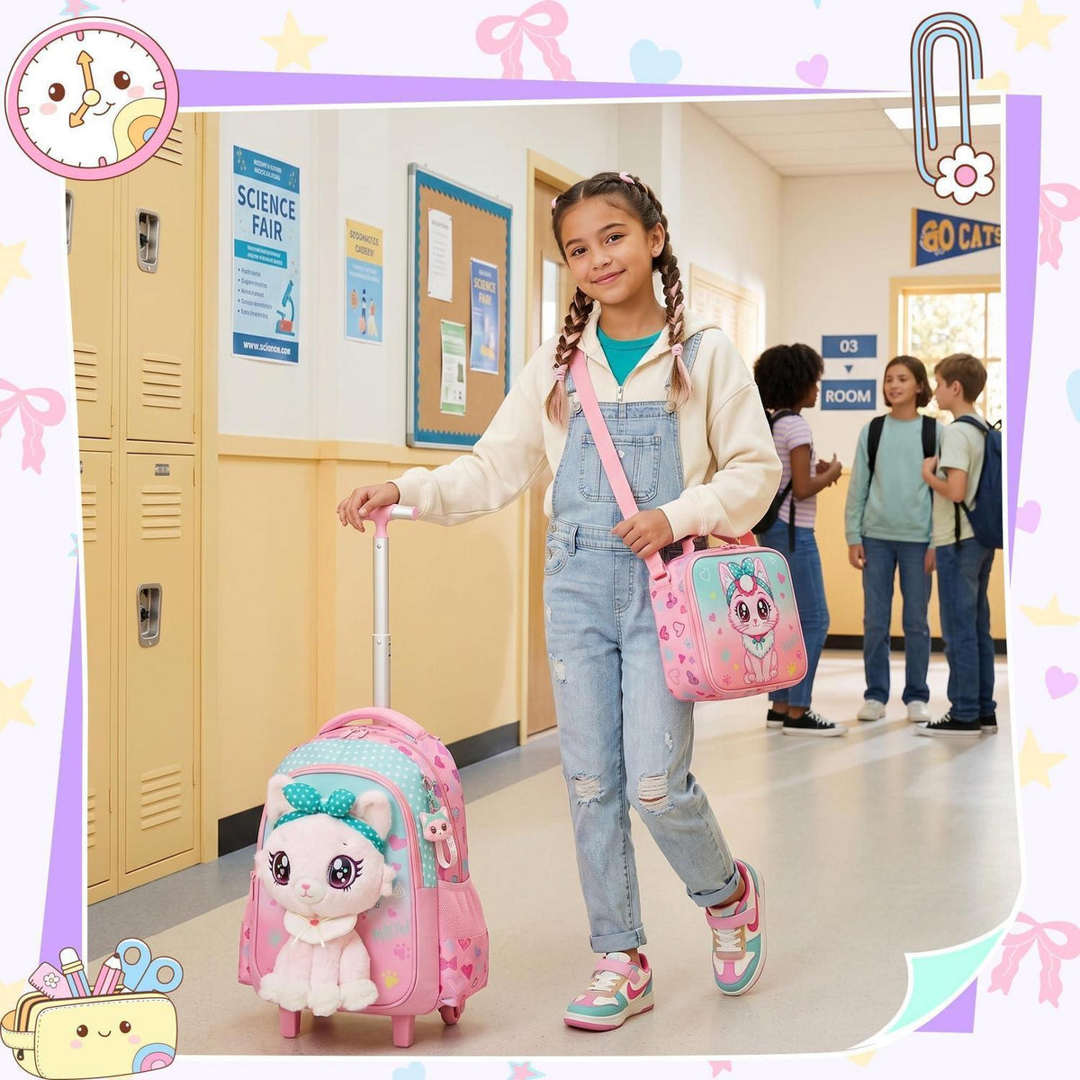 Schulrucksack Trolley Mädchen Katze – 3-teiliges Set für Grundschule