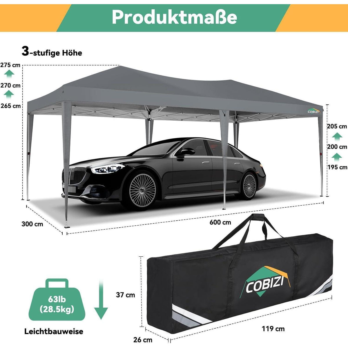 3x6m Faltpavillon wasserdicht mit 6 Seitenteilen – Grau