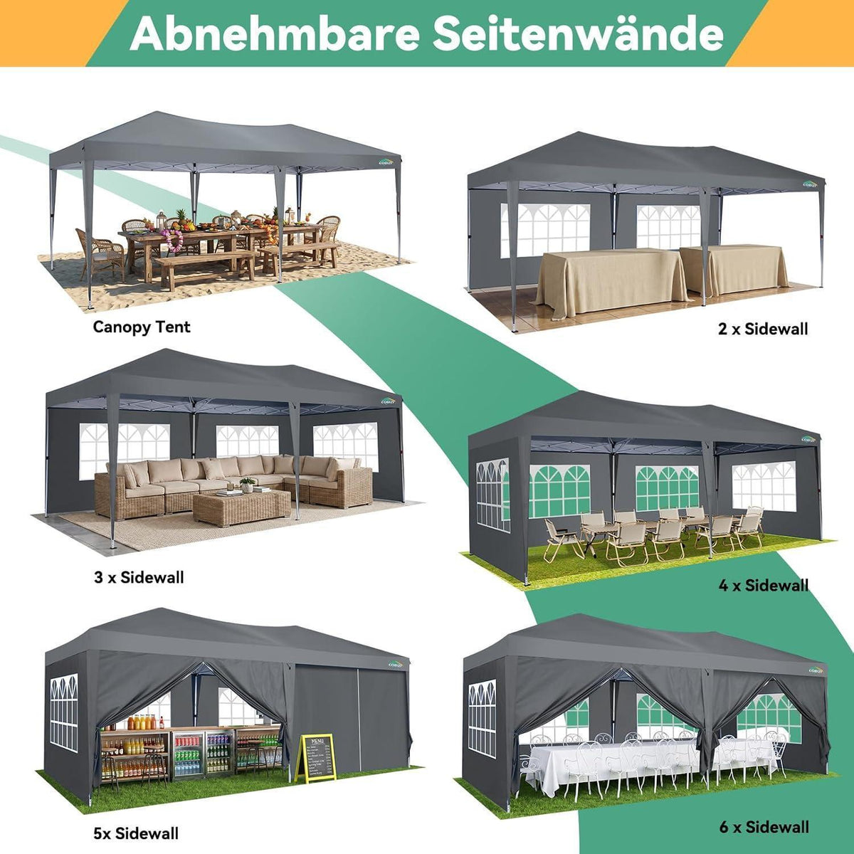 3x6m Faltpavillon wasserdicht mit 6 Seitenteilen – Grau