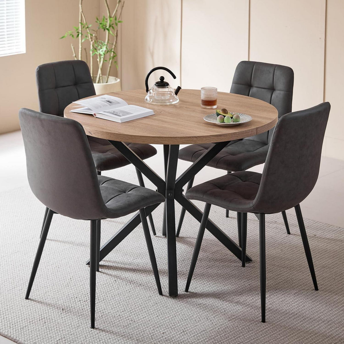Moderner Esstisch Set 100cm rund + 4 Stühle Lederoptik