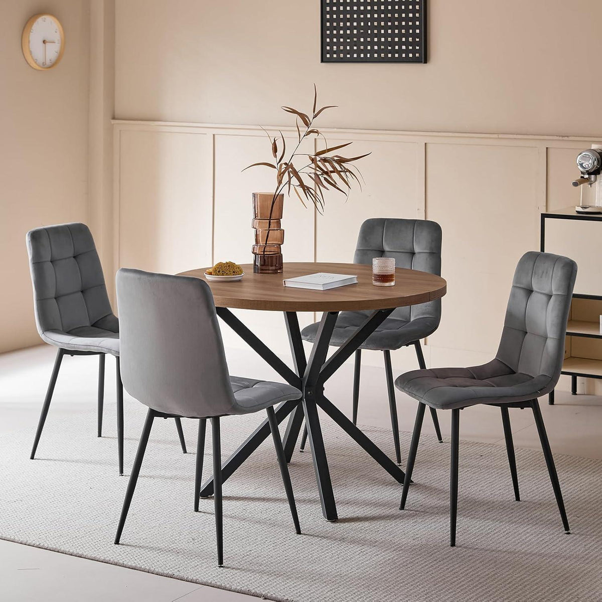 Moderner Esstisch Set mit 4 Samtstühlen (100cm)