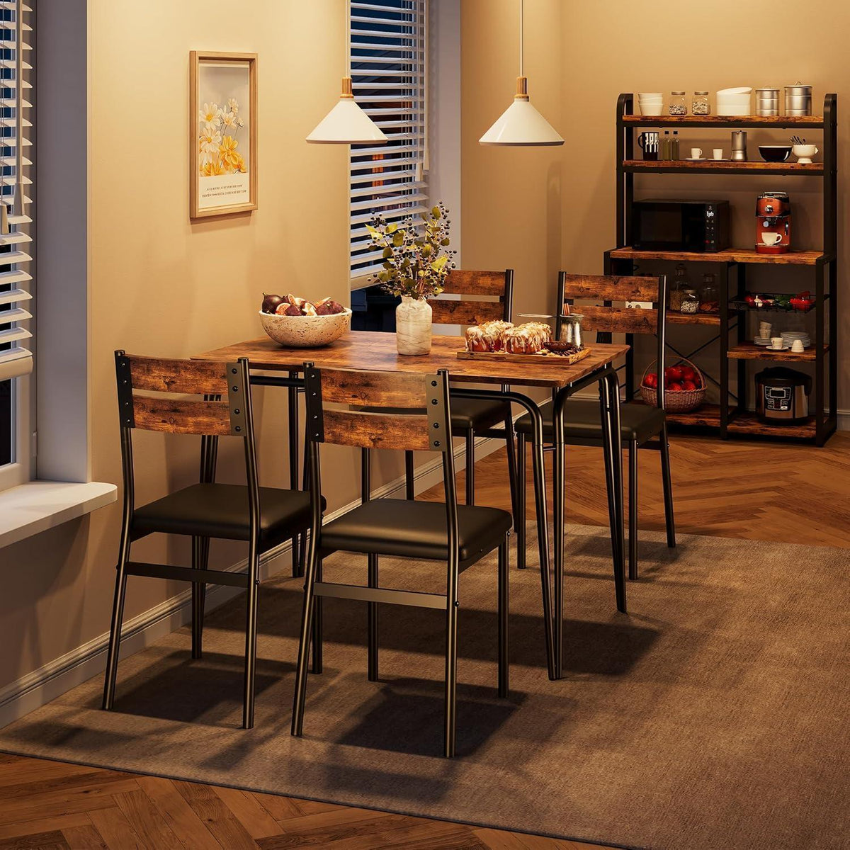 Esszimmer Set mit Tisch und 4 gepolsterten Stühlen – Retro Design