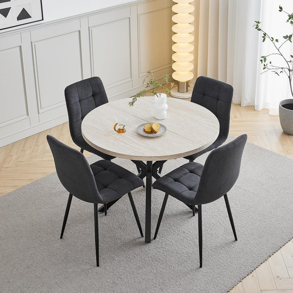 Runder Esstisch Set 100cm mit 4 Samtstühlen (Gelb/Schwarz)