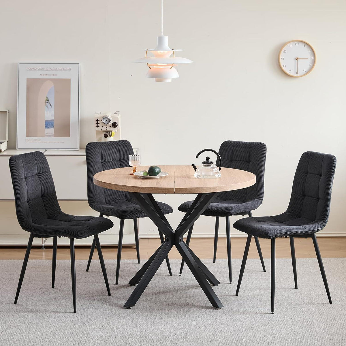 Moderner Esstisch Set 100cm rund + 4 Cord Stühle