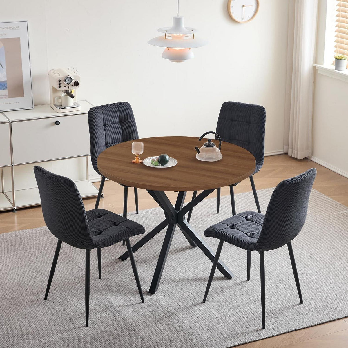Moderner Esstisch Set 100cm rund + 4 Cord Stühle