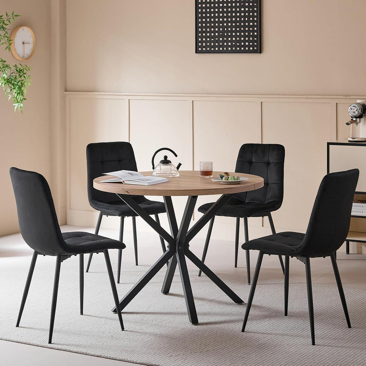Moderner Esstisch Set mit 4 Samtstühlen (100cm)