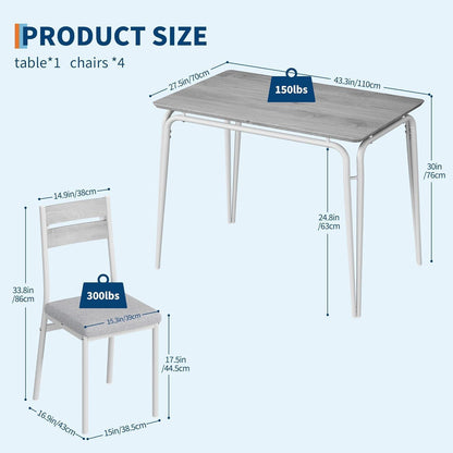 Esszimmer Set Grau-Weiß: Tisch + 4 gepolsterte Stühle