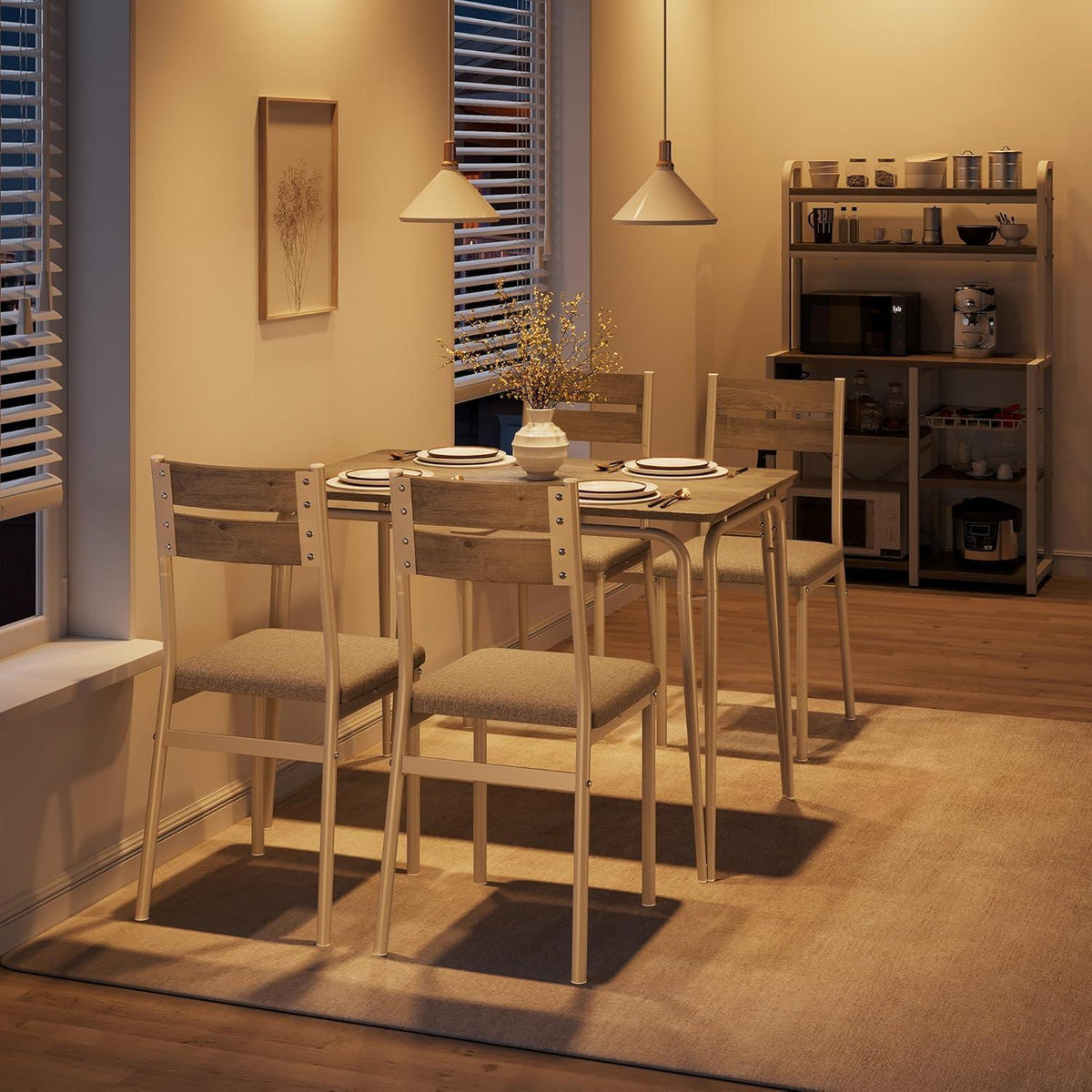 Esszimmer Set Grau-Weiß: Tisch + 4 gepolsterte Stühle