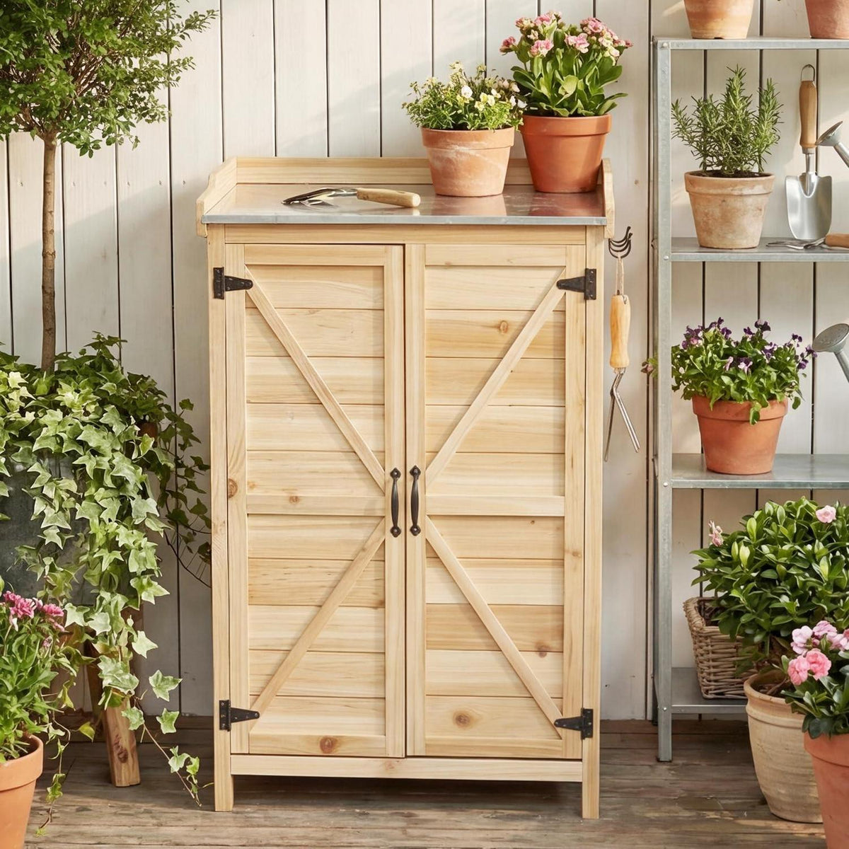 Holz Gartenschrank mit Tisch & Haken – 64x40x95 cm