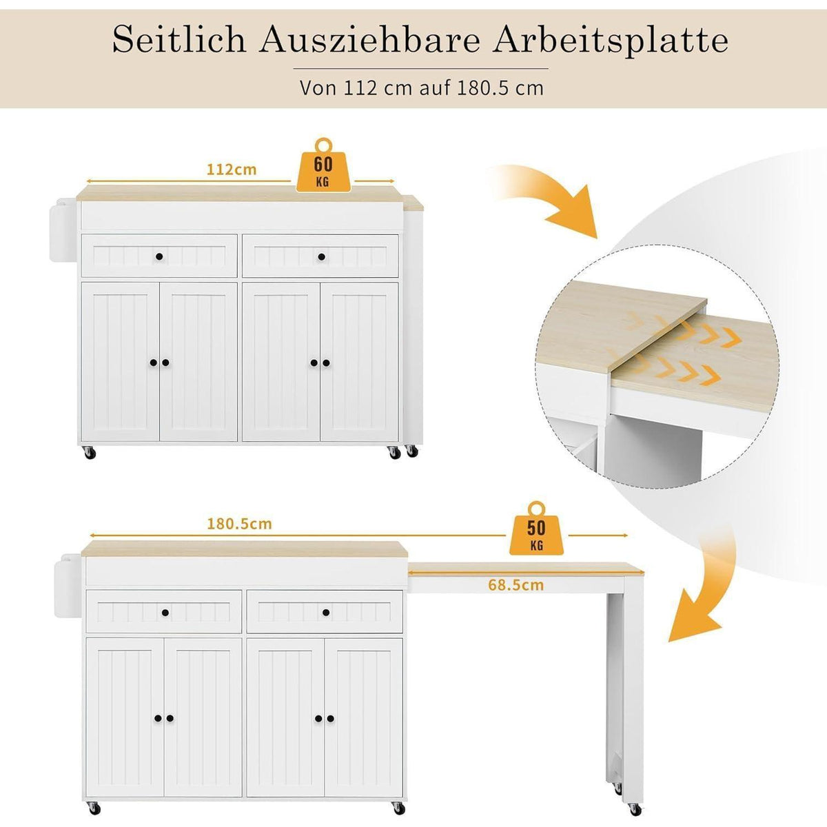 Mobile Kücheninsel mit Ausziehtisch & Schubladen (Weiß+Natur)