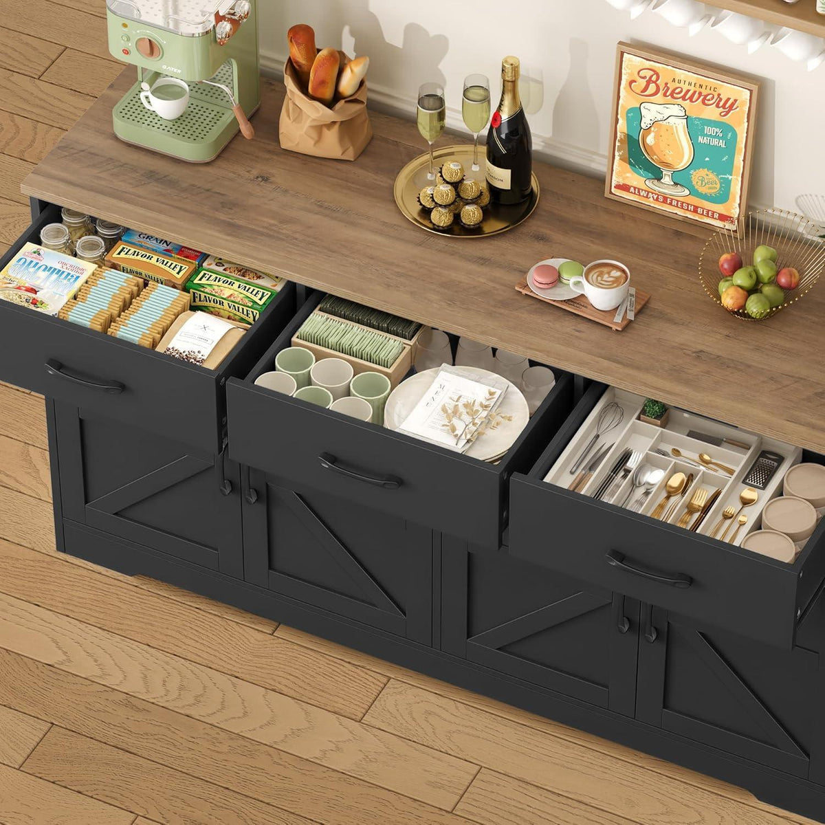 Sideboard 150cm Schwarz – Küchenschrank mit Arbeitsplatte & Schubladen