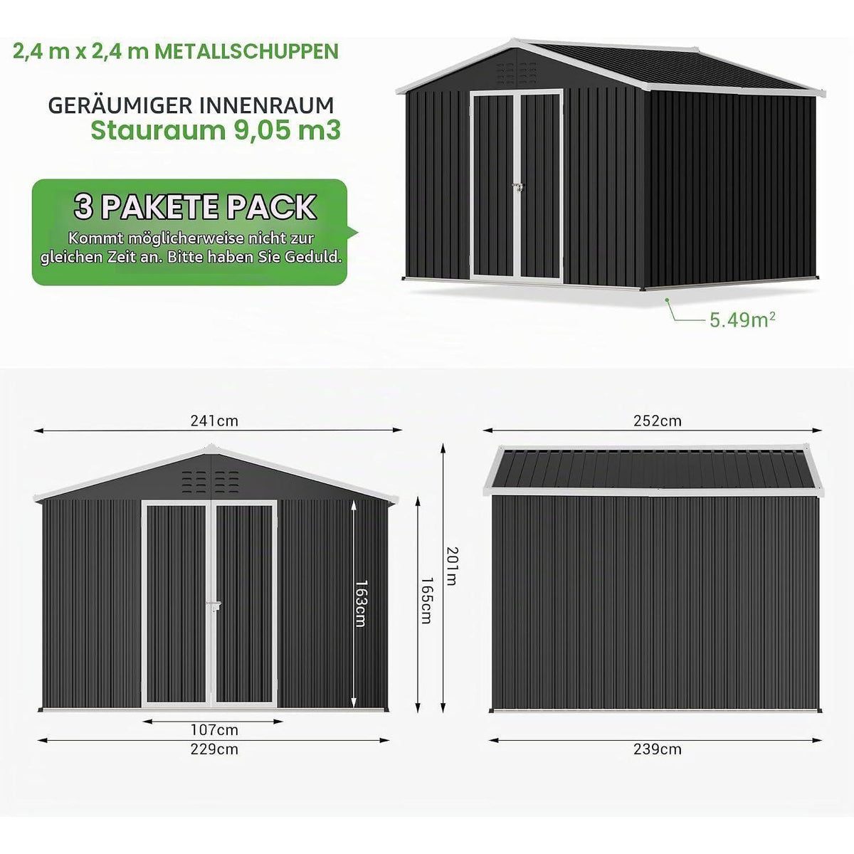 Gartenhaus Metall 250x248cm mit Pultdach & Türriegel