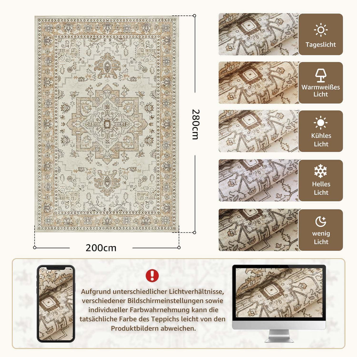 Vintage Kurzflor Teppich 200x280 Beige – Waschbar & Faltbar