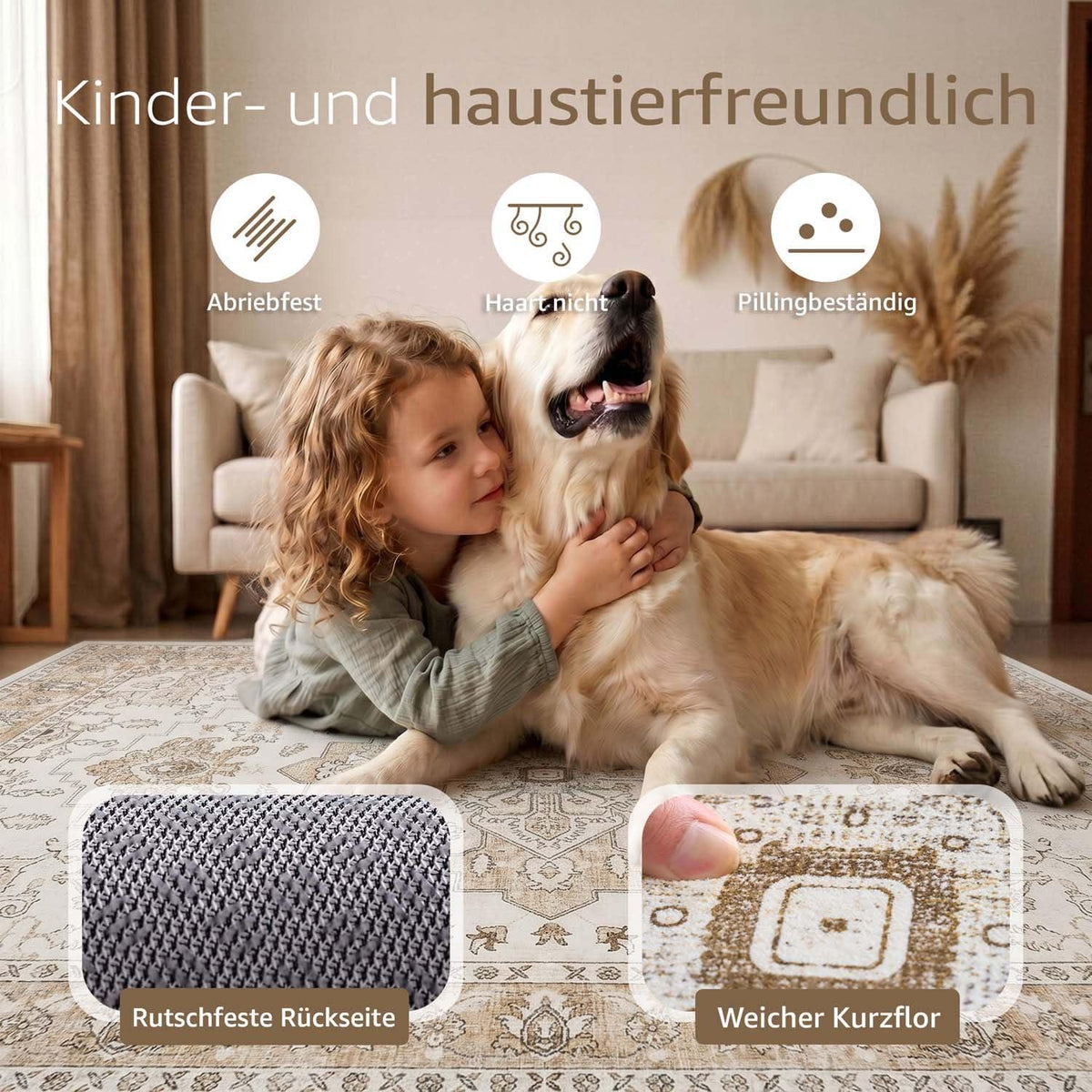 Vintage Kurzflor Teppich 200x280 Beige – Waschbar & Faltbar
