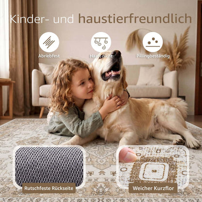 Vintage Kurzflor Teppich 200x280 Beige – Waschbar & Faltbar
