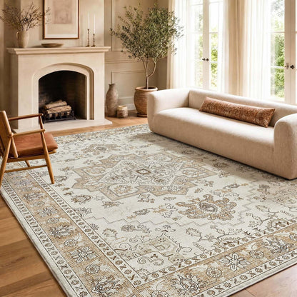 Vintage Kurzflor Teppich 200x280 Beige – Waschbar & Faltbar