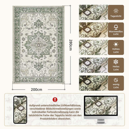 Vintage Kurzflor Teppich Grün 200x280 cm – Waschbar & Faltbar