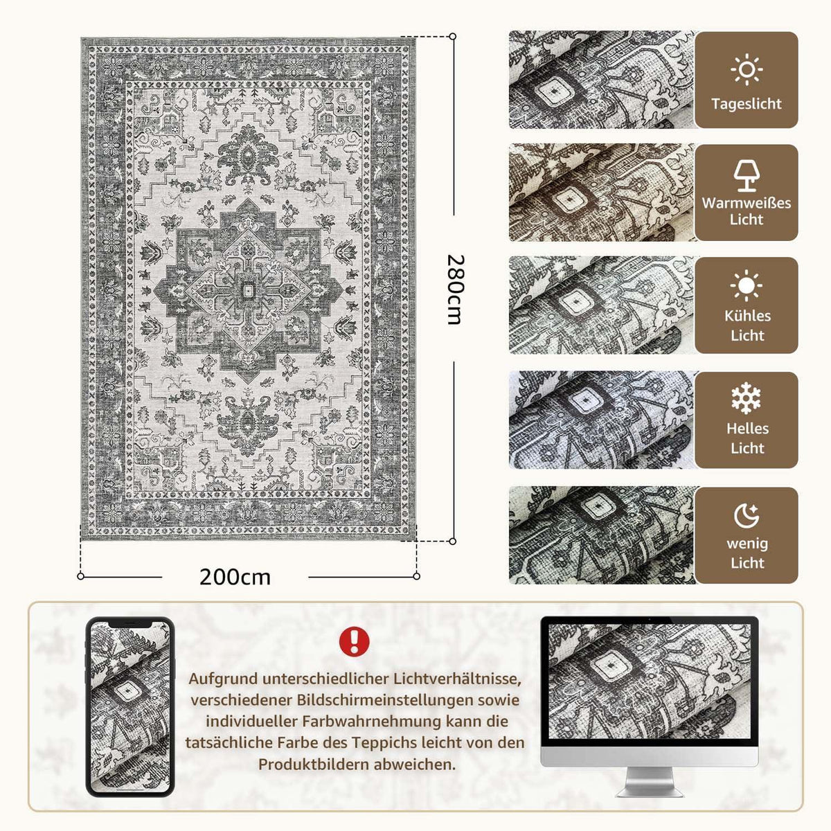 Vintage Kurzflor Teppich Grau 200x280 cm – Waschbar & Faltbar