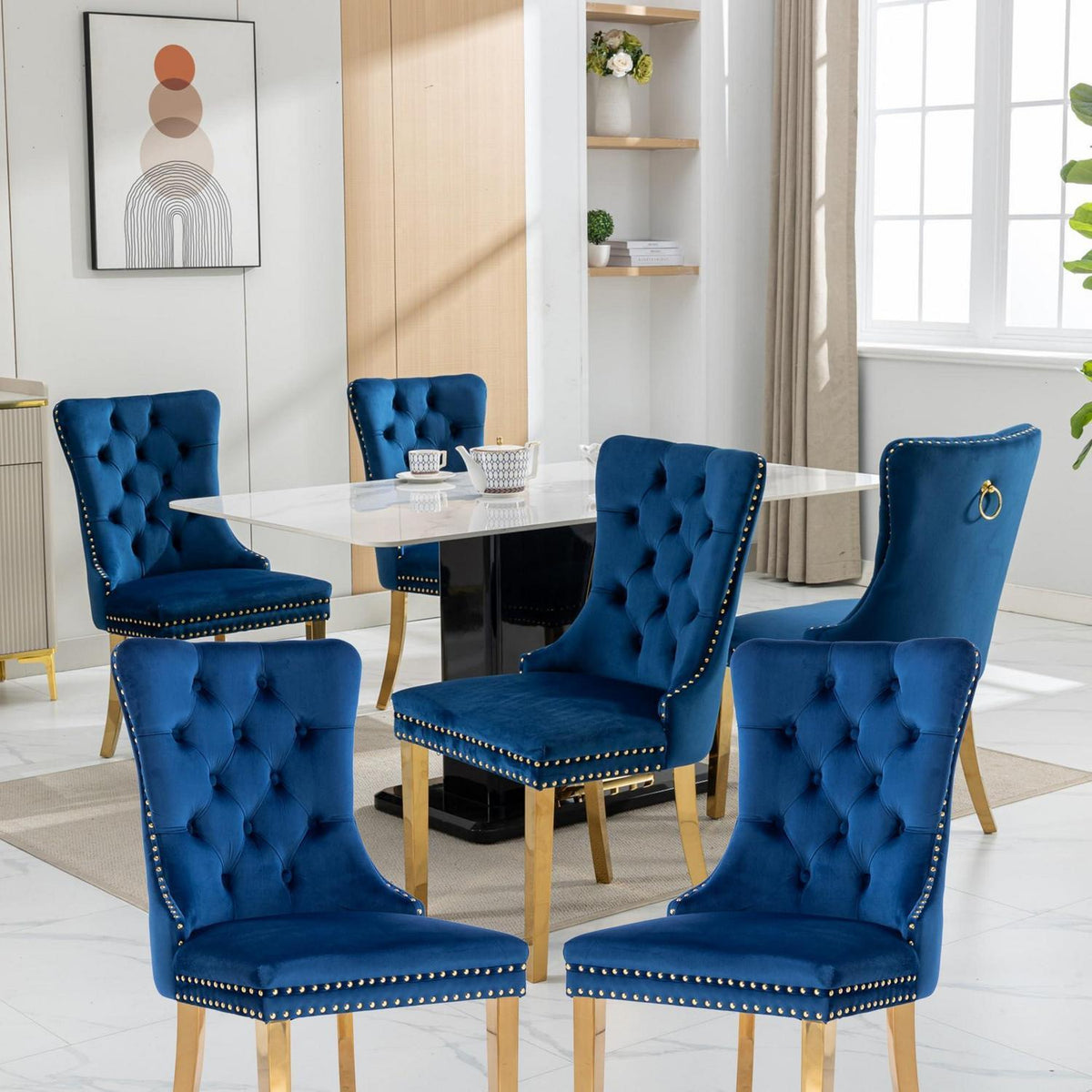 Esszimmerstühle 6er Set, Samt & Goldene Beine, Blau