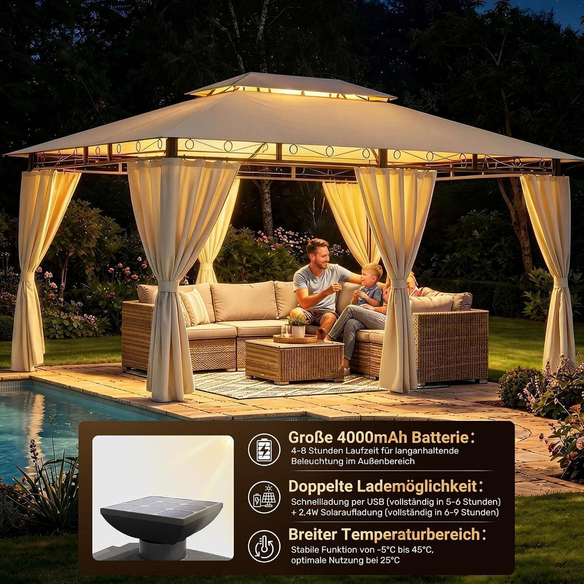 Gartenpavillon 3x4m, Wasserdicht & Stabil mit LED