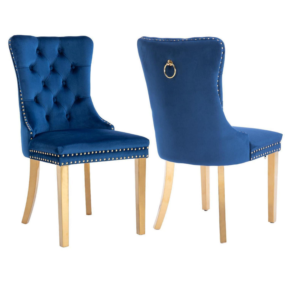Samt Esszimmerstühle 2er Set mit goldenen Beinen (Blau)