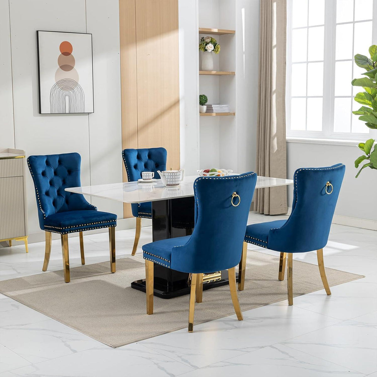 Samt Esszimmerstühle 2er Set mit goldenen Beinen (Blau)