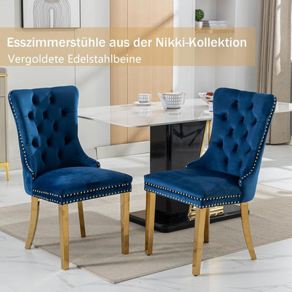 Samt Esszimmerstühle 2er Set mit goldenen Beinen (Blau)