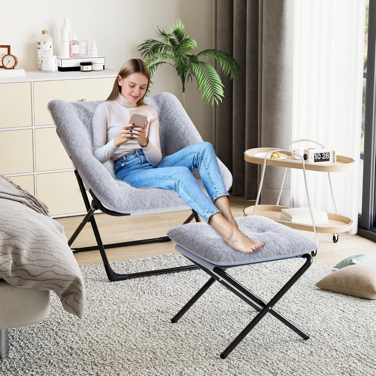 Klappbarer Lesesessel mit Fußhocker – Grau, 70x61x78 cm