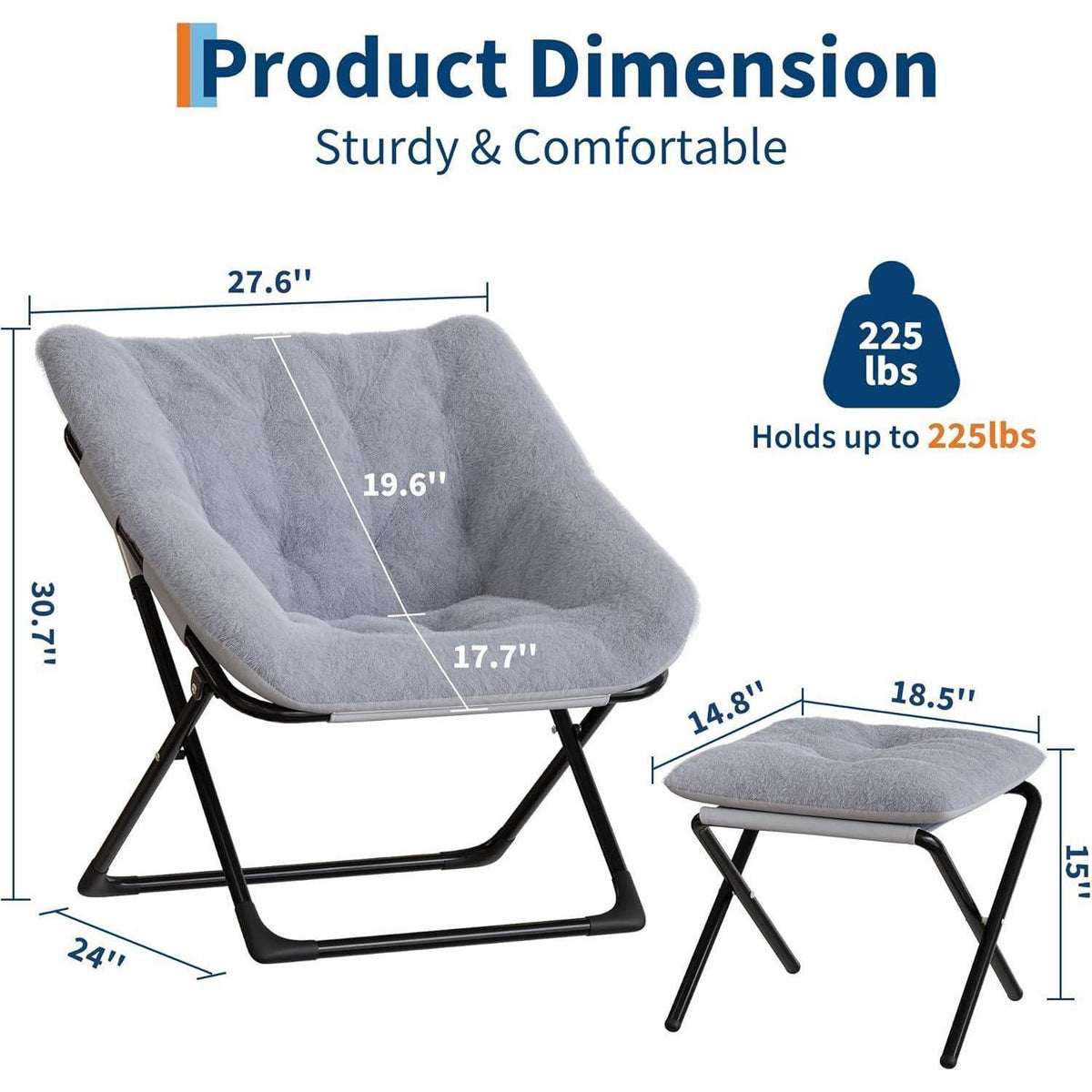 Klappbarer Lesesessel mit Fußhocker – Grau, 70x61x78 cm