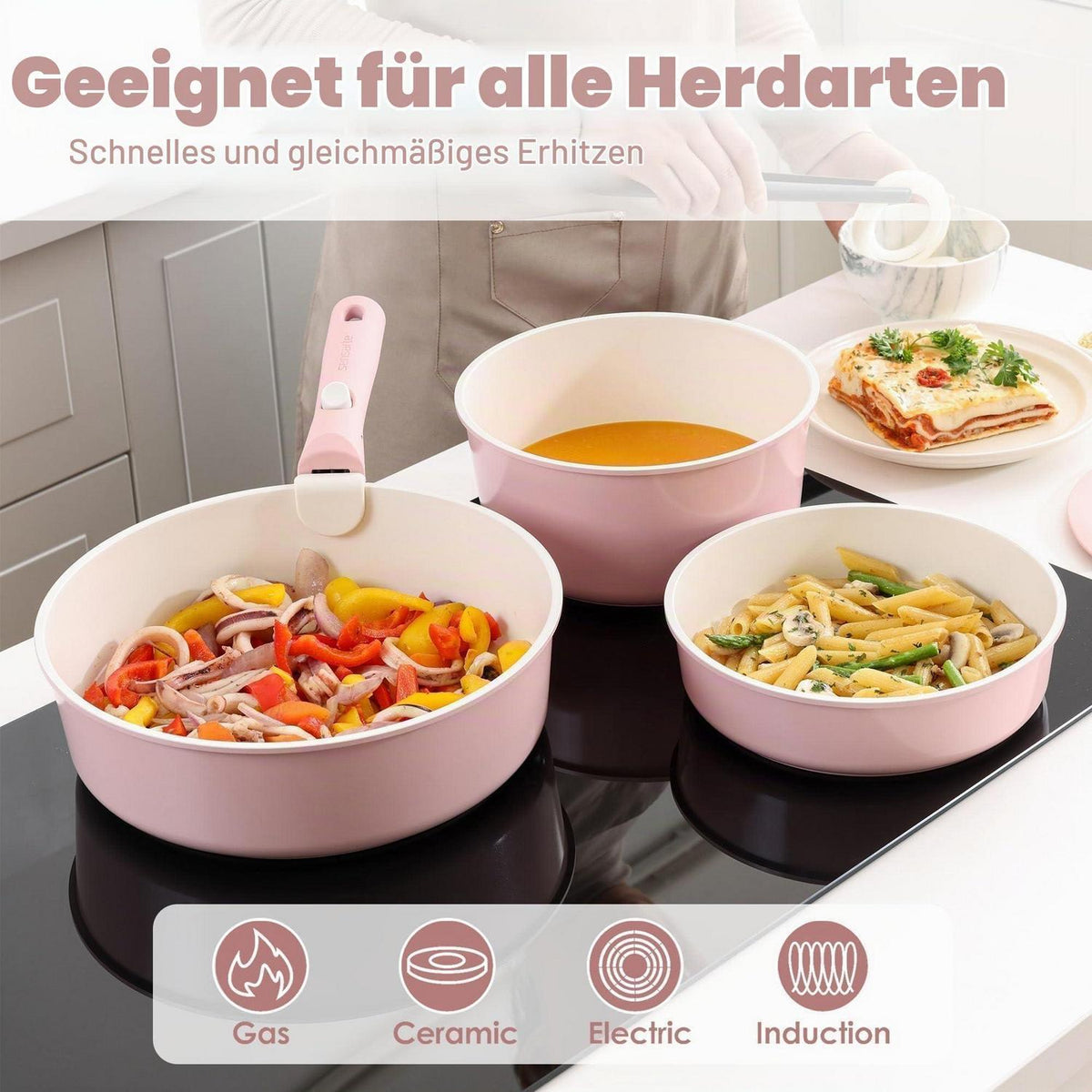 24-teiliges Keramik-Antihaft-Kochgeschirrset mit abnehmbaren Griffen Rosa