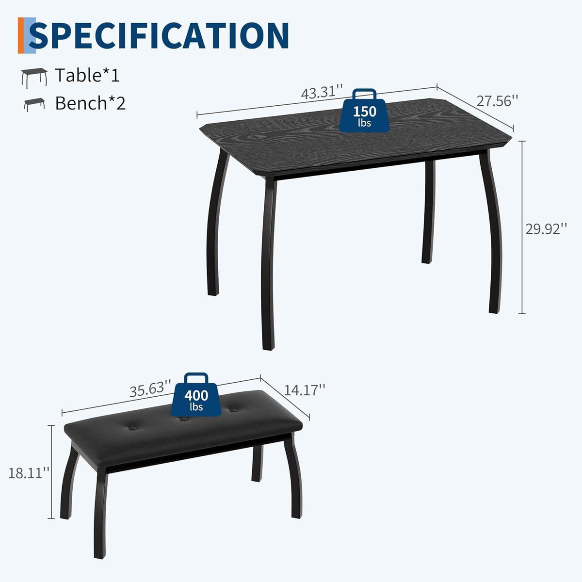 3-teiliges Küchentisch-Set mit Bänken – Vintage-Look Schwarz