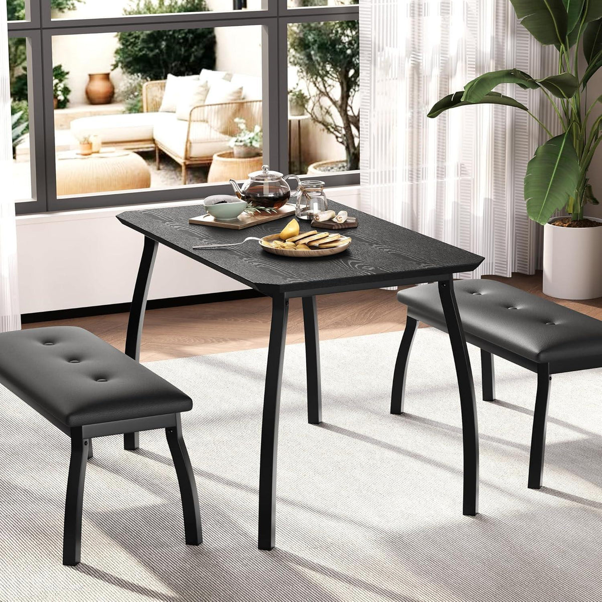 3-teiliges Küchentisch-Set mit Bänken – Vintage-Look Schwarz