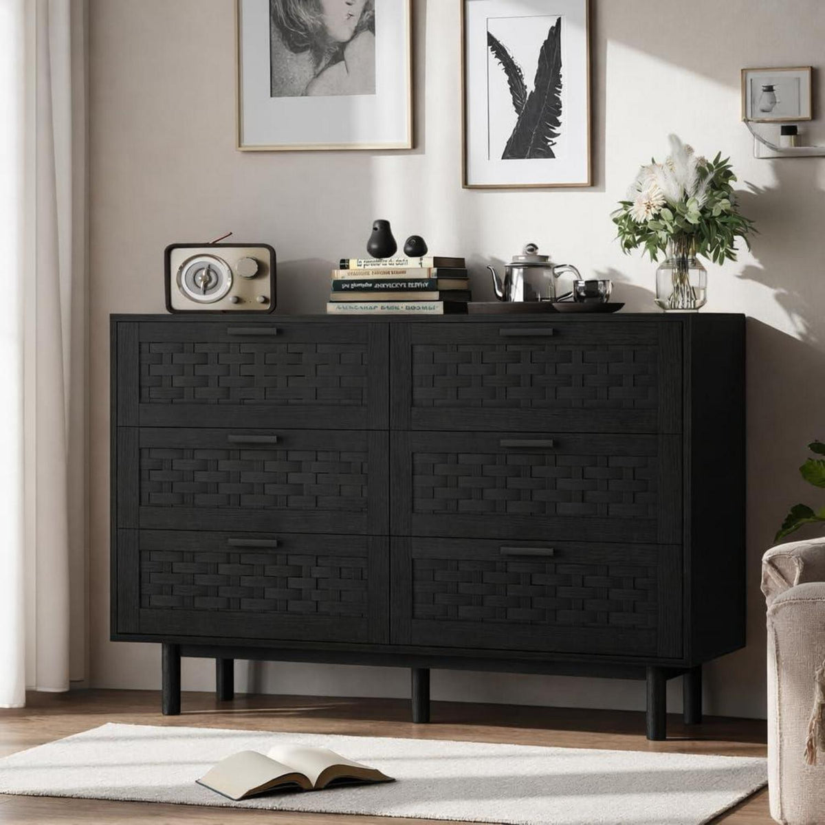 Kommode 6 Schubladen Rattan Optik – Schlafzimmer Sideboard Schwarz