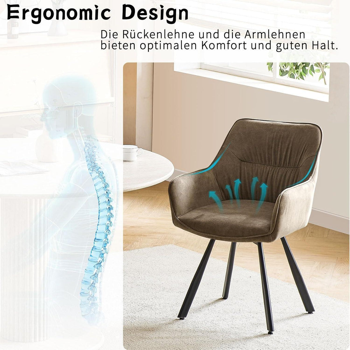 Drehbare Esszimmerstühle 6er Set mit Armlehnen & Kurzflor