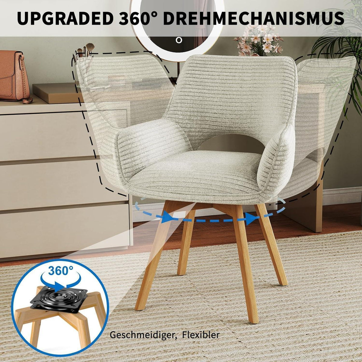 Drehbarer Esszimmerstuhl Set (4x) – Beige mit Holzbeinen