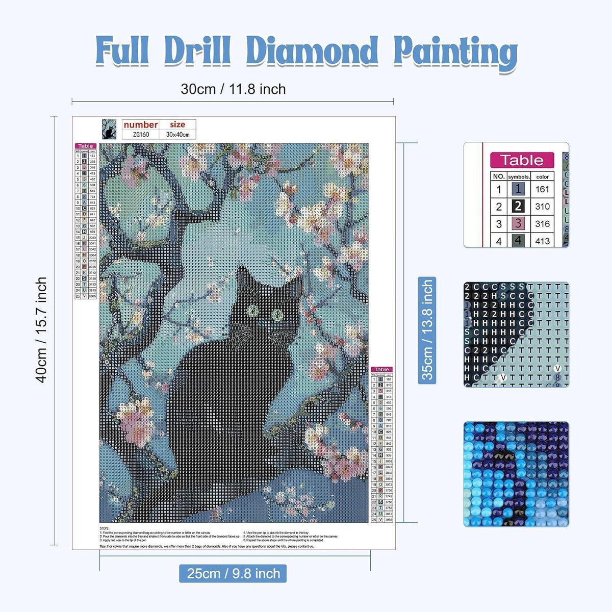 5D Diamant Painting Schwarze Katze auf Baumzweig – DIY Mosaik Set