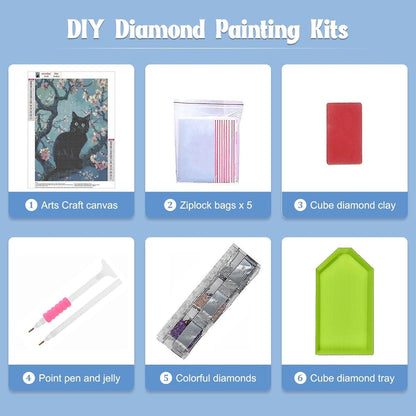 5D Diamant Painting Schwarze Katze auf Baumzweig – DIY Mosaik Set