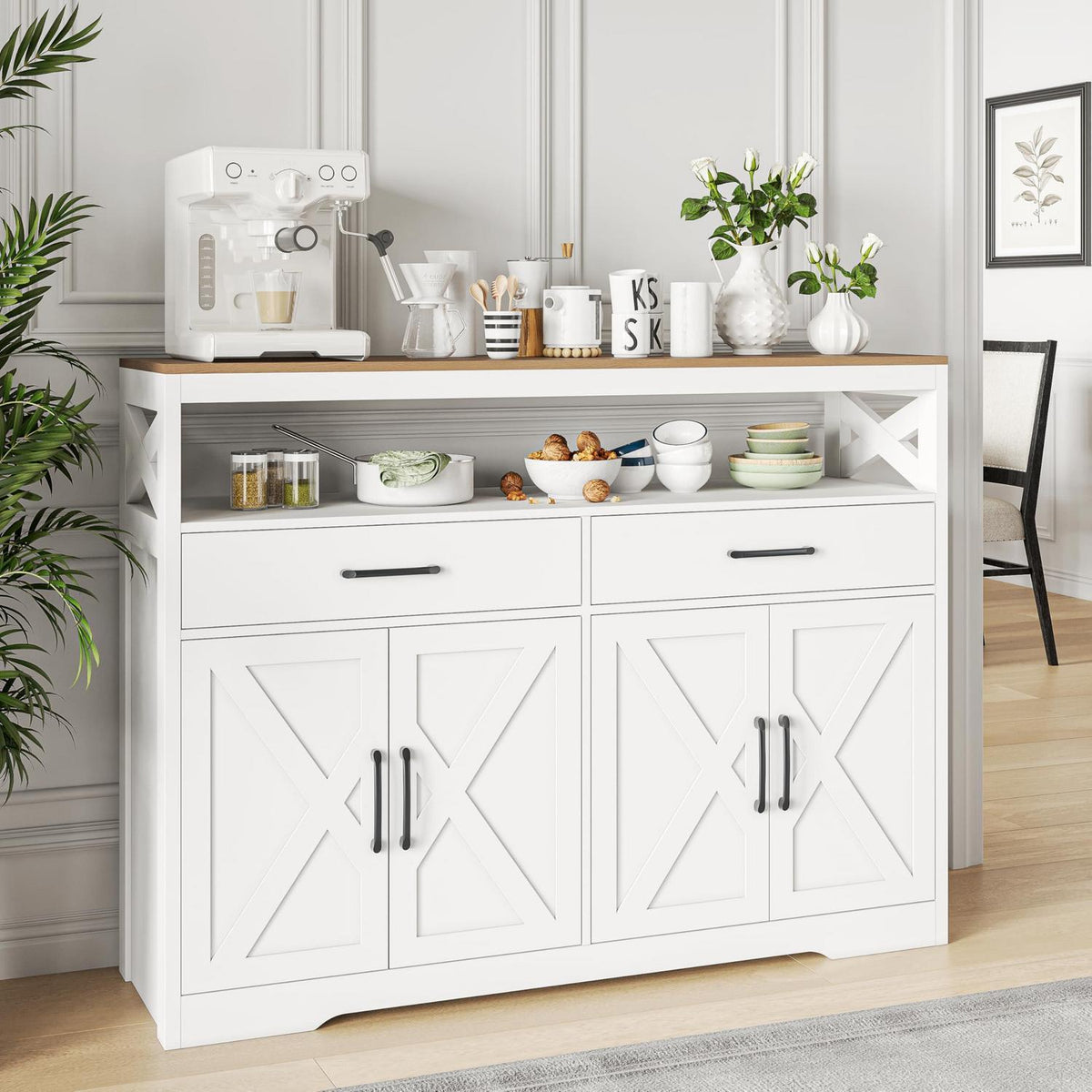 Weißes Sideboard mit Arbeitsplatte & Schubladen (140cm)
