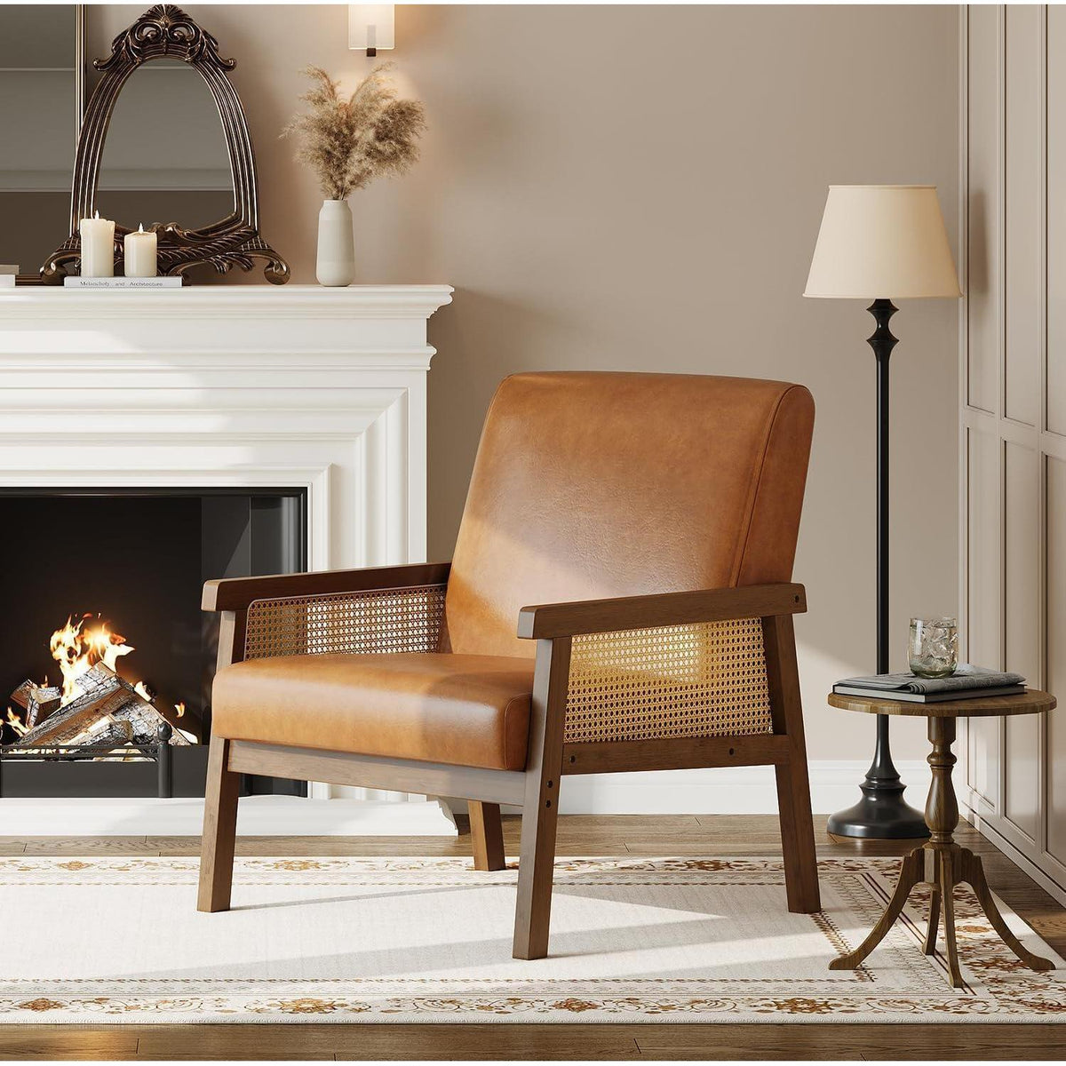 Rattanseiten Sessel – Gepolsterter Lesesessel Braun