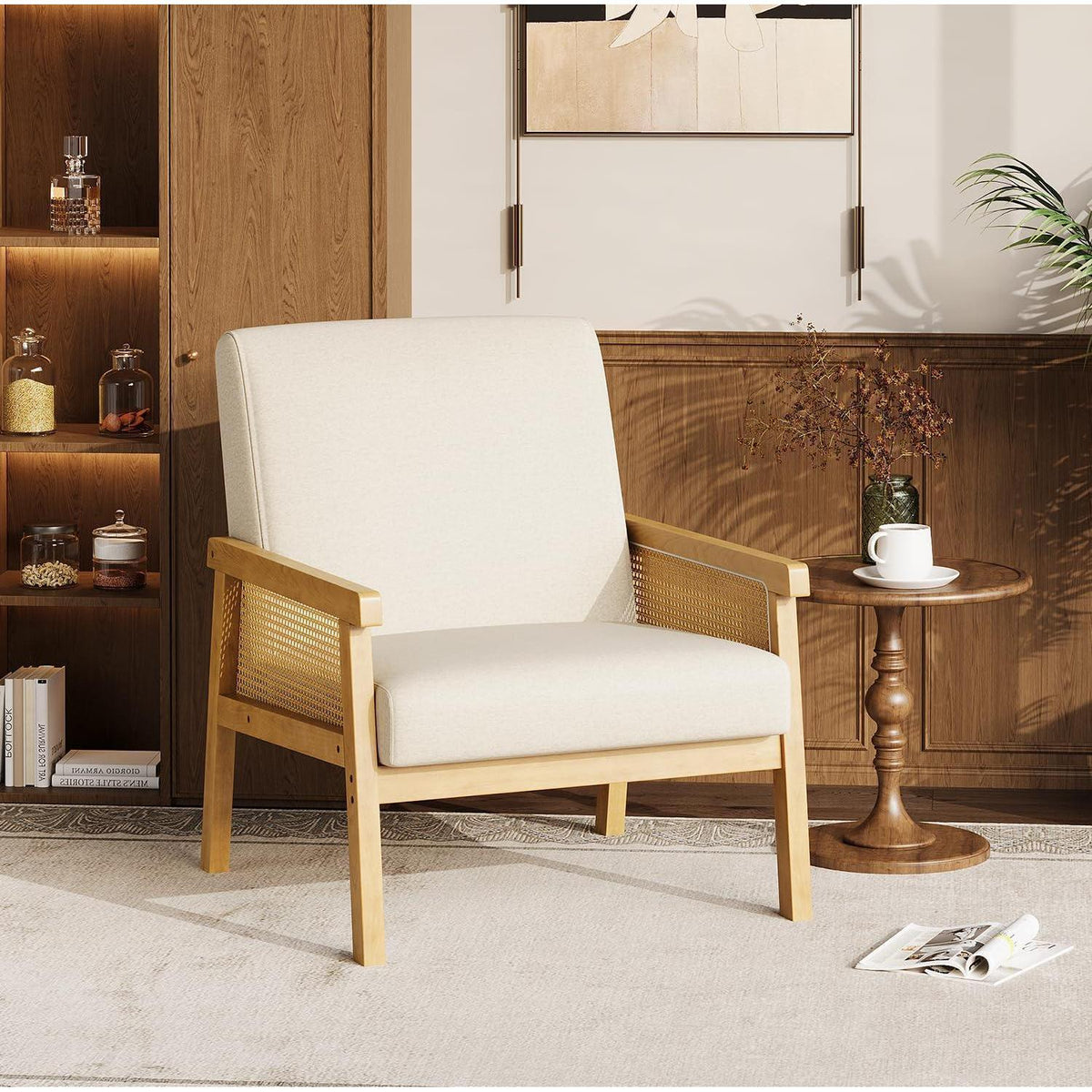 Rattanseiten Sessel | Gepolsterter Lesesessel Holzgestell Beige