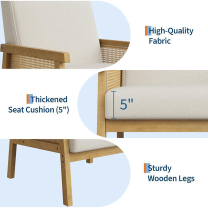 Rattanseiten Sessel | Gepolsterter Lesesessel Holzgestell Beige